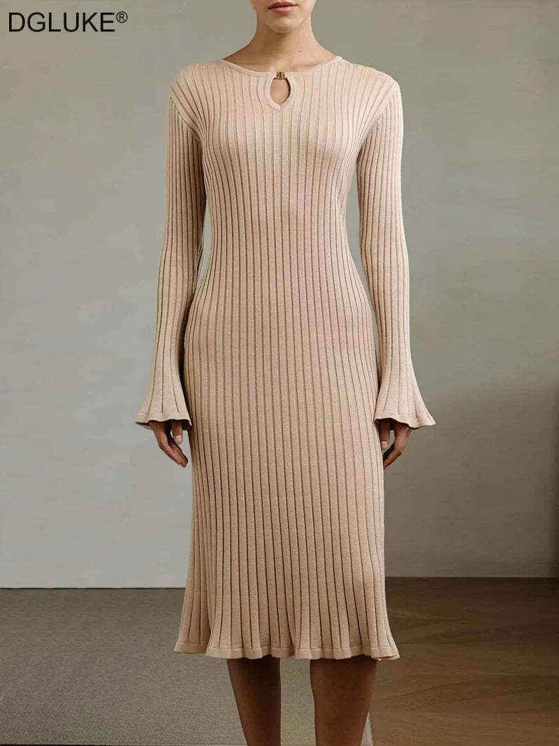 Elegant Knitted Midi Sweater Dress - Womens Long Sleeve Autumn Winter Party Dress - ZOOMNSTORE