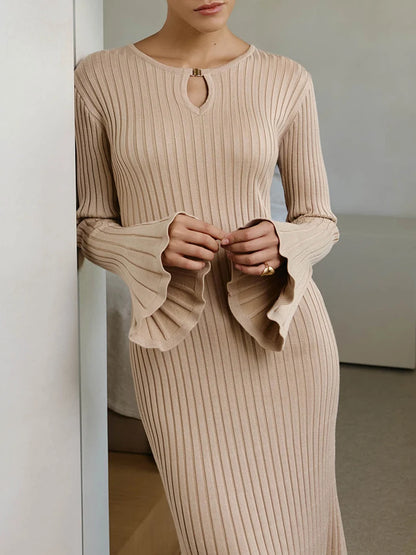 Elegant Knitted Midi Sweater Dress - Womens Long Sleeve Autumn Winter Party Dress - ZOOMNSTORE