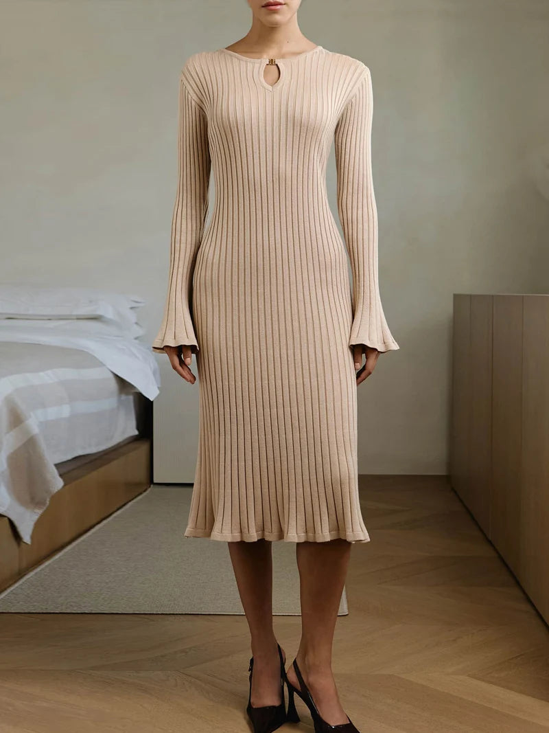 Elegant Knitted Midi Sweater Dress - Womens Long Sleeve Autumn Winter Party Dress - ZOOMNSTORE