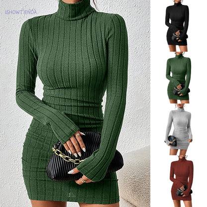 Knitted Mini Dress - Elegant Bodycon Sheath Dress With Turtleneck & Long Sleeves - ZOOMNSTORE