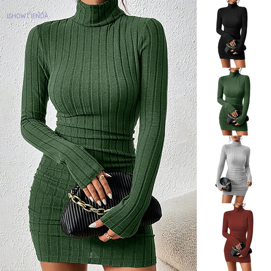 Knitted Mini Dress - Elegant Bodycon Sheath Dress With Turtleneck & Long Sleeves - ZOOMNSTORE