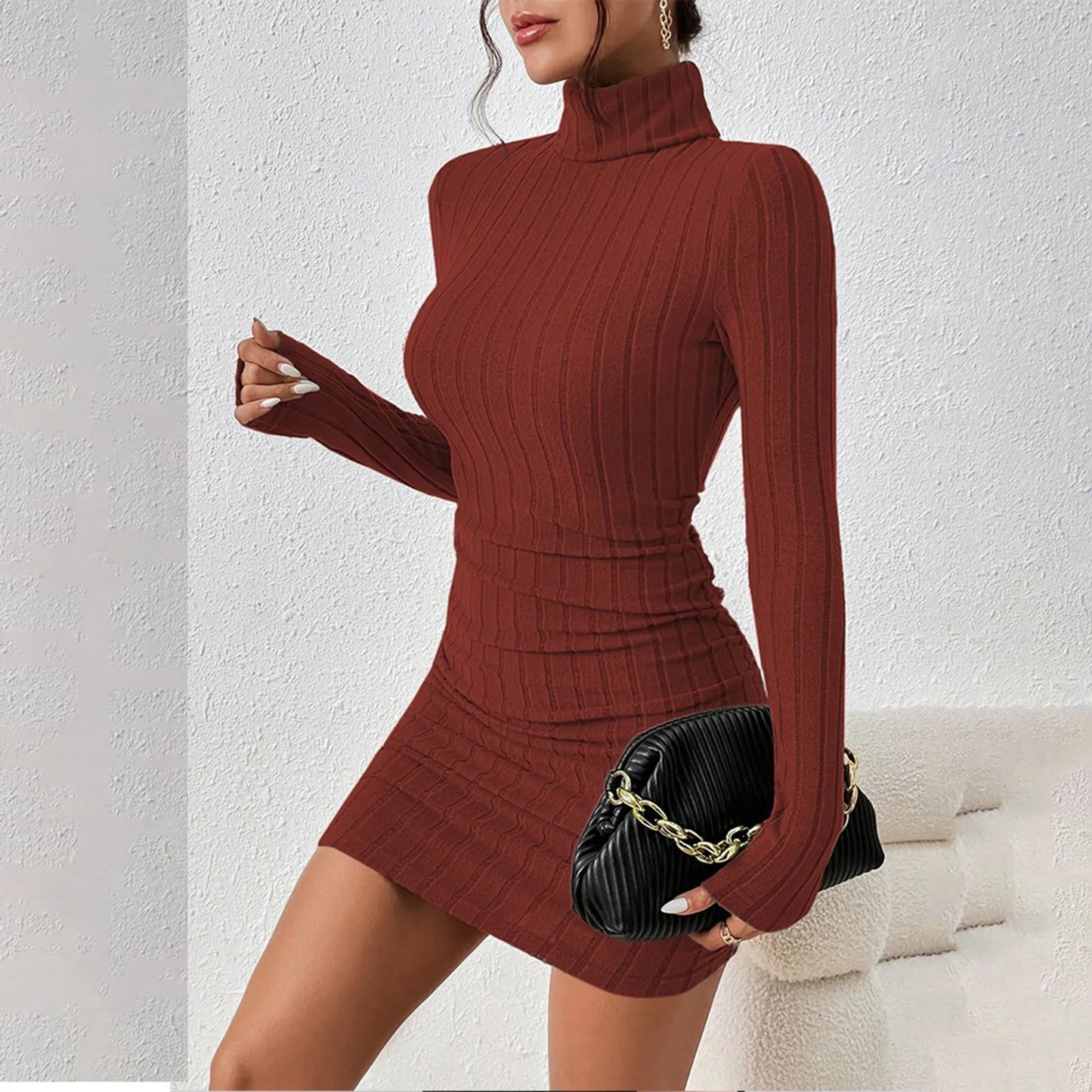 Knitted Mini Dress - Elegant Bodycon Sheath Dress With Turtleneck & Long Sleeves - ZOOMNSTORE