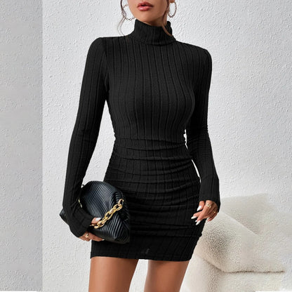 Knitted Mini Dress - Elegant Bodycon Sheath Dress With Turtleneck & Long Sleeves - ZOOMNSTORE