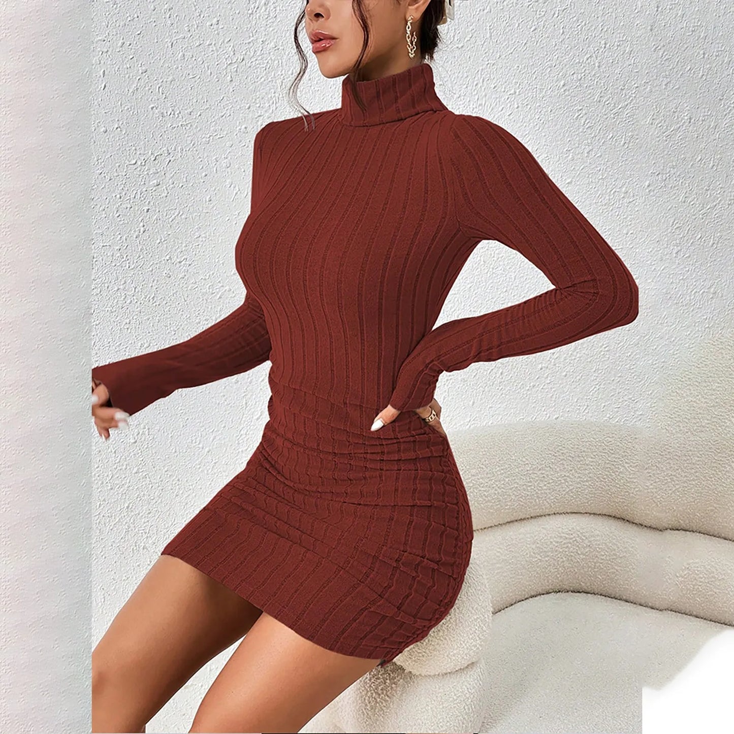 Knitted Mini Dress - Elegant Bodycon Sheath Dress With Turtleneck & Long Sleeves - ZOOMNSTORE