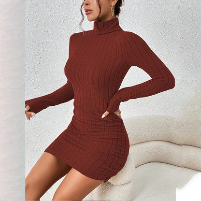 Knitted Mini Dress - Elegant Bodycon Sheath Dress With Turtleneck & Long Sleeves - ZOOMNSTORE