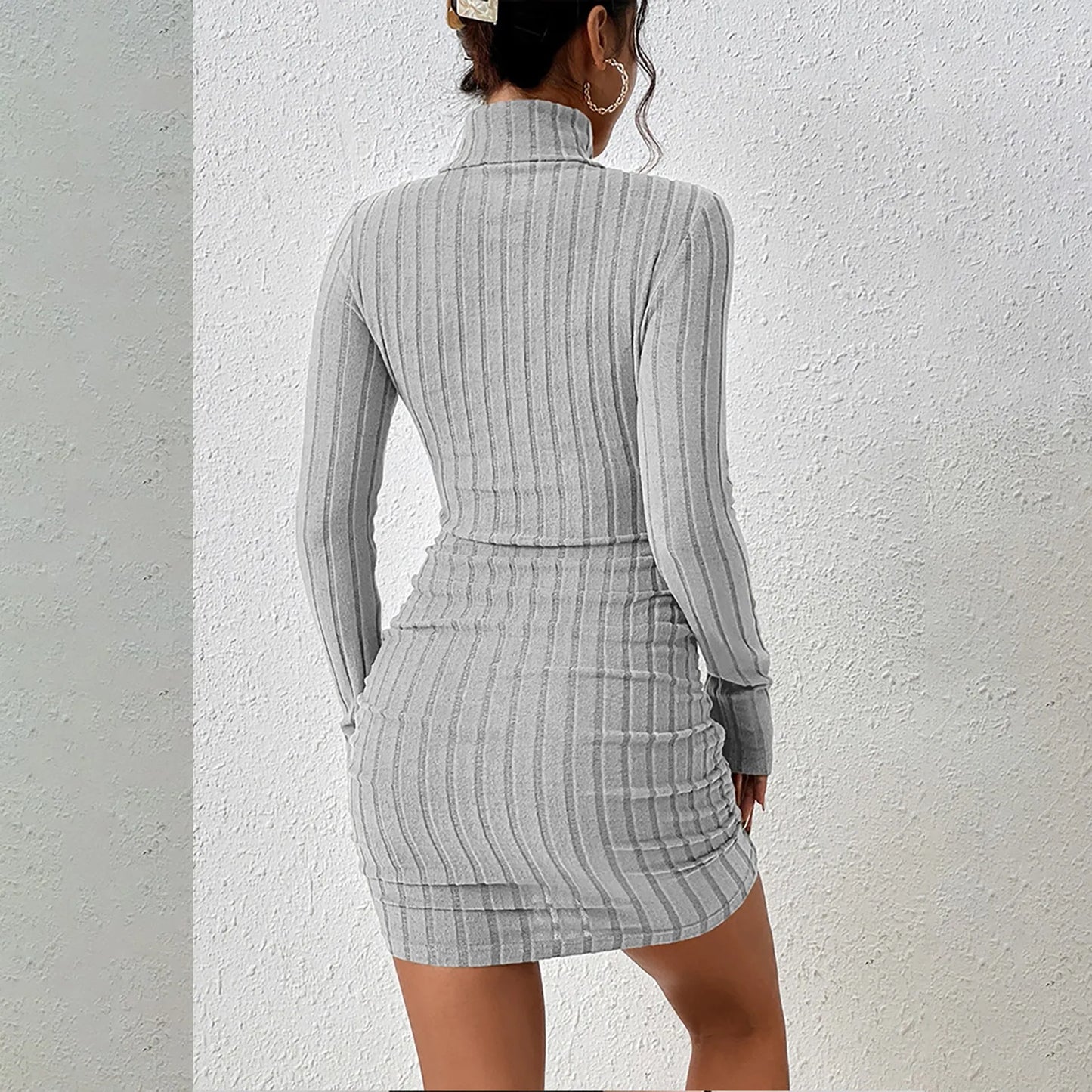 Knitted Mini Dress - Elegant Bodycon Sheath Dress With Turtleneck & Long Sleeves - ZOOMNSTORE