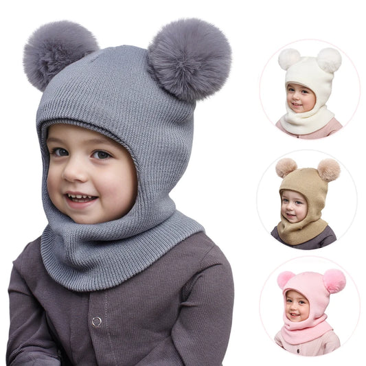 Pompom Baby Winter Hat Scarf One-piece Kids Knitted Beanie Warm Ears Neck Children Bonnet Infant Cap for Girls Boys 1-5Y - ZOOMNSTORE