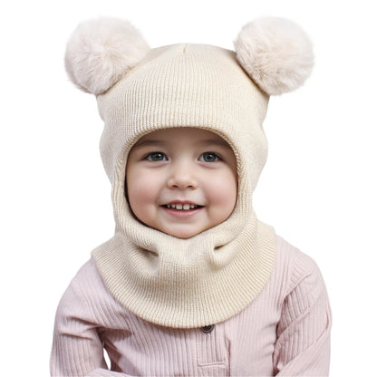 Pompom Baby Winter Hat Scarf One-piece Kids Knitted Beanie Warm Ears Neck Children Bonnet Infant Cap for Girls Boys 1-5Y - ZOOMNSTORE