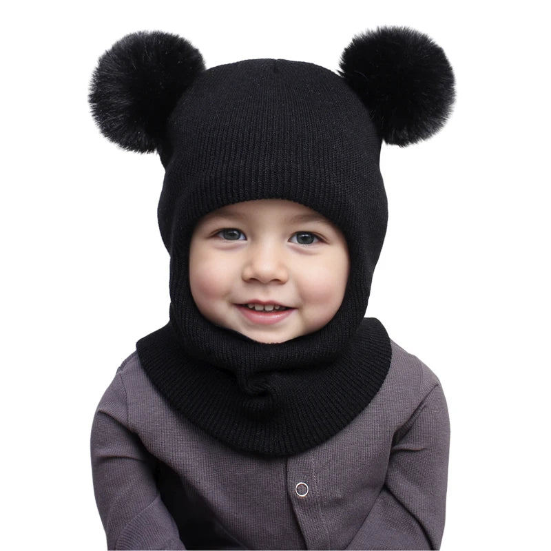 Pompom Baby Winter Hat Scarf One-piece Kids Knitted Beanie Warm Ears Neck Children Bonnet Infant Cap for Girls Boys 1-5Y - ZOOMNSTORE