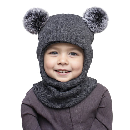 Pompom Baby Winter Hat Scarf One-piece Kids Knitted Beanie Warm Ears Neck Children Bonnet Infant Cap for Girls Boys 1-5Y - ZOOMNSTORE