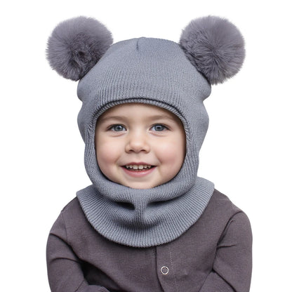 Pompom Baby Winter Hat Scarf One-piece Kids Knitted Beanie Warm Ears Neck Children Bonnet Infant Cap for Girls Boys 1-5Y - ZOOMNSTORE