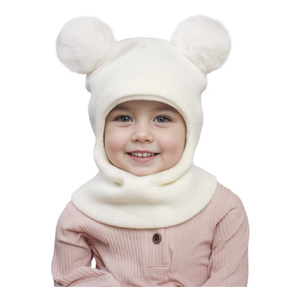 Pompom Baby Winter Hat Scarf One-piece Kids Knitted Beanie Warm Ears Neck Children Bonnet Infant Cap for Girls Boys 1-5Y - ZOOMNSTORE