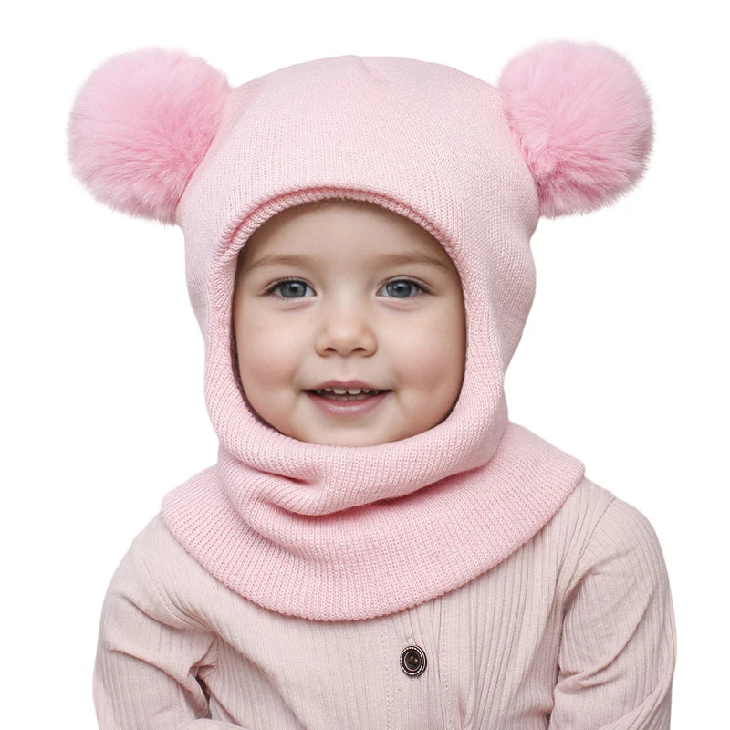 Pompom Baby Winter Hat Scarf One-piece Kids Knitted Beanie Warm Ears Neck Children Bonnet Infant Cap for Girls Boys 1-5Y - ZOOMNSTORE