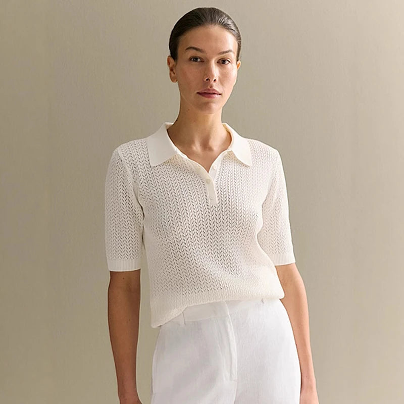 Casual Womens Short Sleeve Knitted T-Shirt - Summer Lapel Pullover Top - ZOOMNSTORE