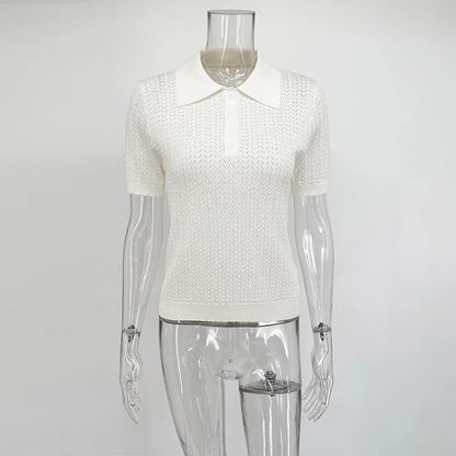 Casual Womens Short Sleeve Knitted T-Shirt - Summer Lapel Pullover Top - ZOOMNSTORE