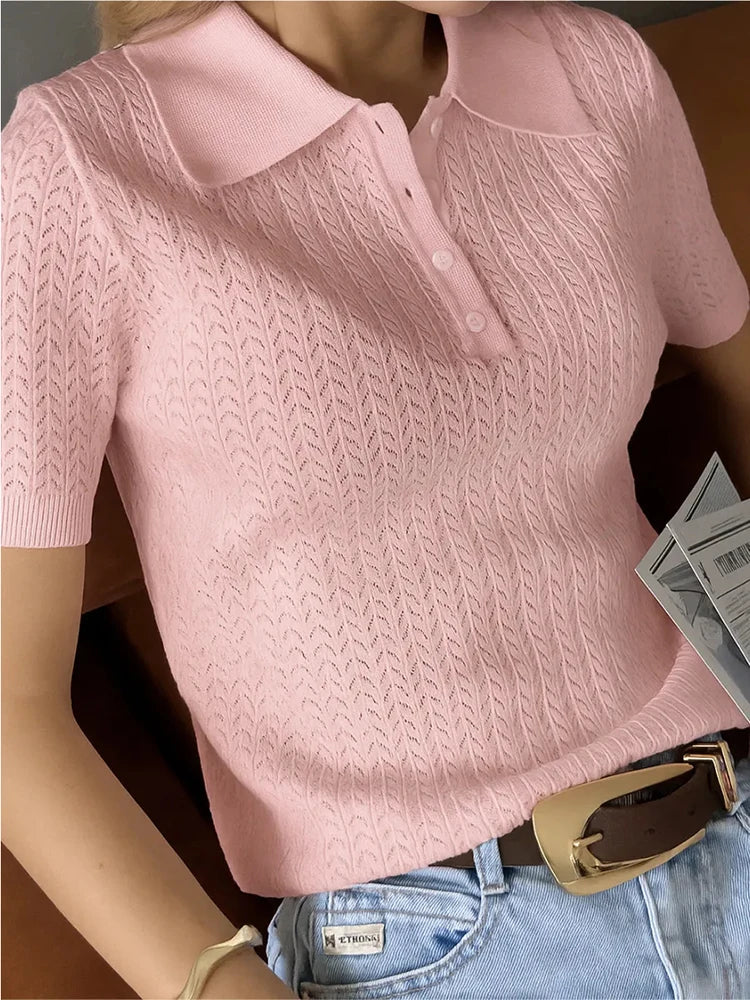 Casual Womens Short Sleeve Knitted T-Shirt - Summer Lapel Pullover Top - ZOOMNSTORE