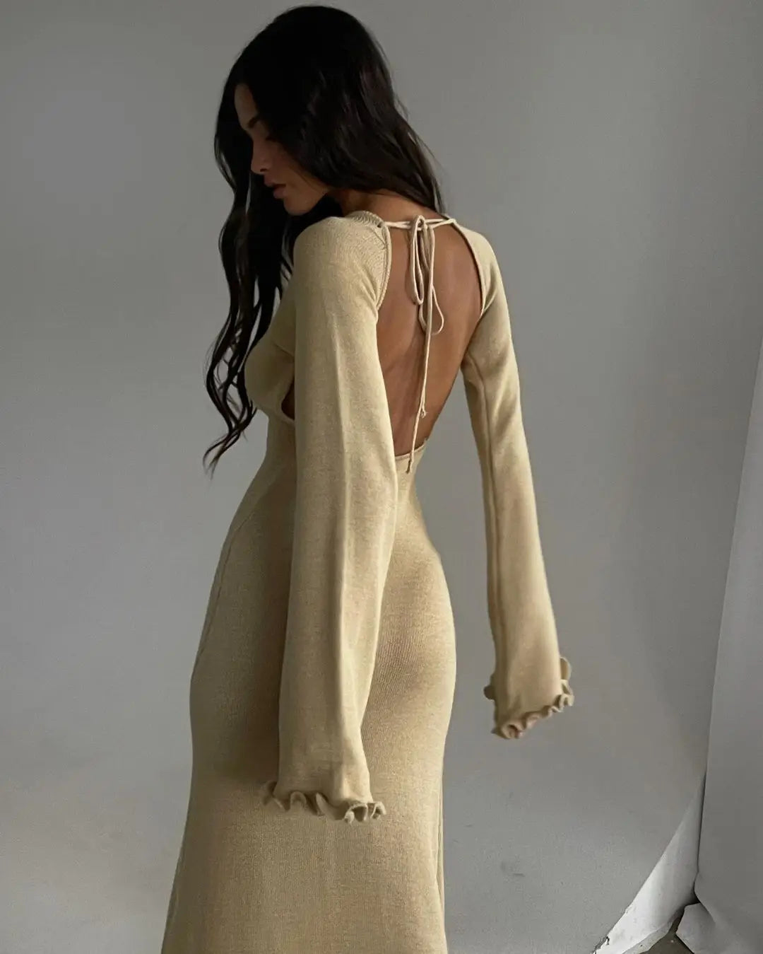 Elegant Knitted Maxi Dress - Backless Flare Sleeve Sweater Outfit for Women - ZOOMNSTORE