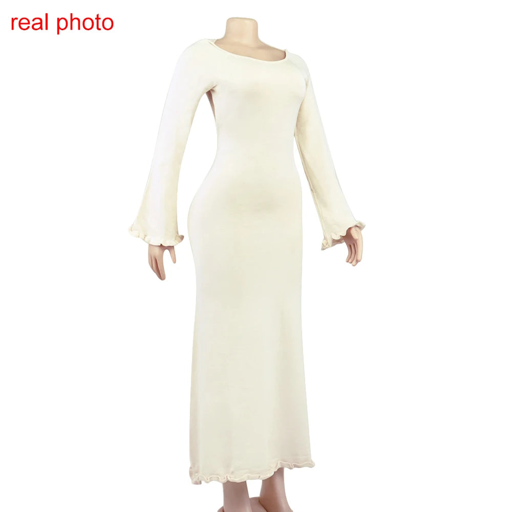 Elegant Knitted Maxi Dress - Backless Flare Sleeve Sweater Outfit for Women - ZOOMNSTORE
