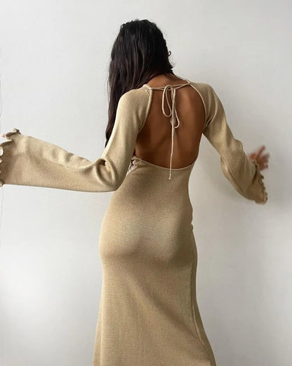 Elegant Knitted Maxi Dress - Backless Flare Sleeve Sweater Outfit for Women - ZOOMNSTORE