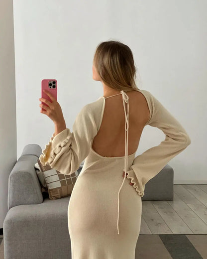 Elegant Knitted Maxi Dress - Backless Flare Sleeve Sweater Outfit for Women - ZOOMNSTORE