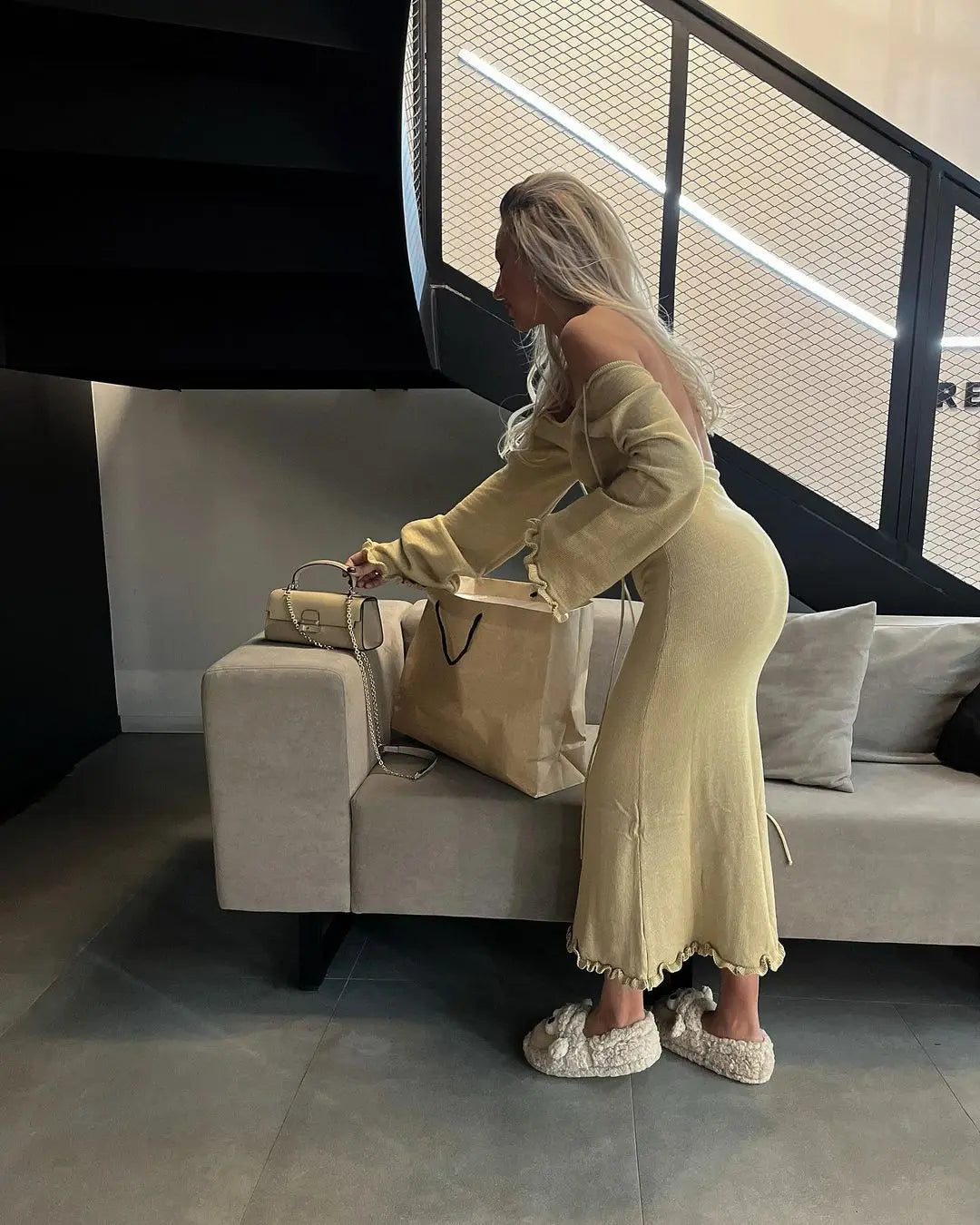 Elegant Knitted Maxi Dress - Backless Flare Sleeve Sweater Outfit for Women - ZOOMNSTORE