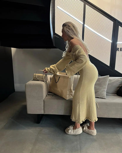 Elegant Knitted Maxi Dress - Backless Flare Sleeve Sweater Outfit for Women - ZOOMNSTORE