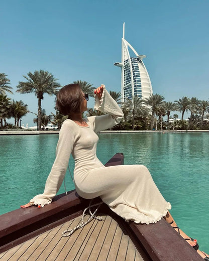 Elegant Knitted Maxi Dress - Backless Flare Sleeve Sweater Outfit for Women - ZOOMNSTORE