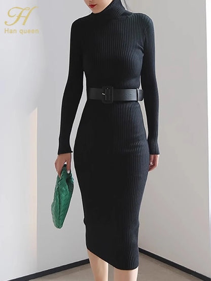 Knitted Turtleneck Bodycon Dress - Soft Elastic Midi Party Dress with Belt for Women - ZOOMNSTORE