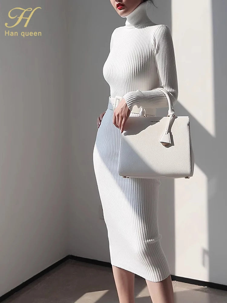 Knitted Turtleneck Bodycon Dress - Soft Elastic Midi Party Dress with Belt for Women - ZOOMNSTORE
