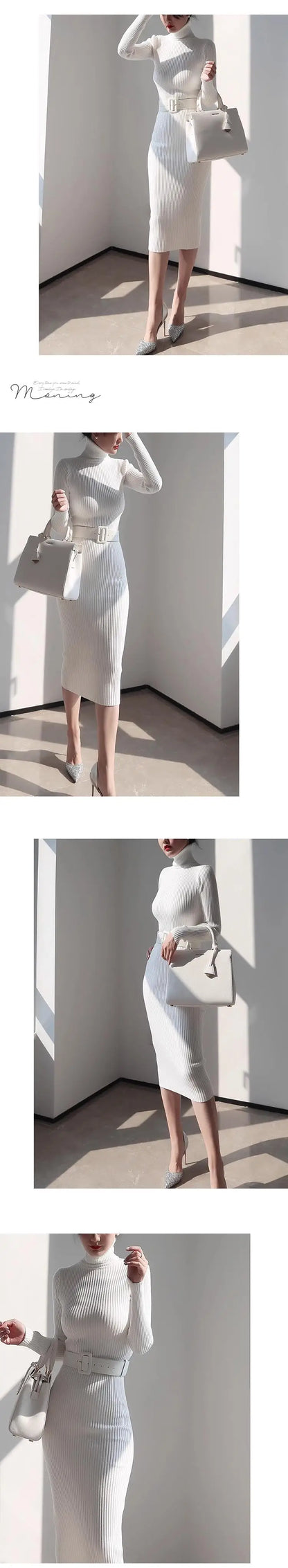 Knitted Turtleneck Bodycon Dress - Soft Elastic Midi Party Dress with Belt for Women - ZOOMNSTORE
