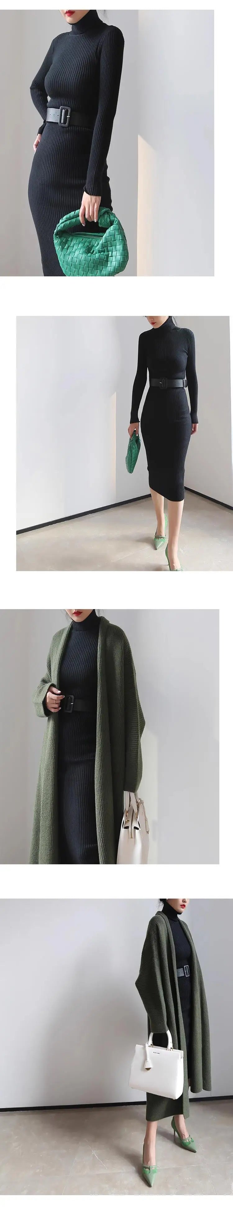 Knitted Turtleneck Bodycon Dress - Soft Elastic Midi Party Dress with Belt for Women - ZOOMNSTORE