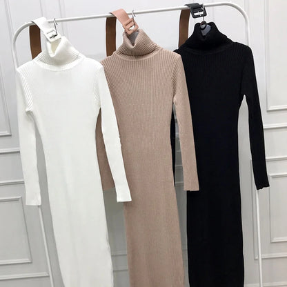 Knitted Turtleneck Bodycon Dress - Soft Elastic Midi Party Dress with Belt for Women - ZOOMNSTORE