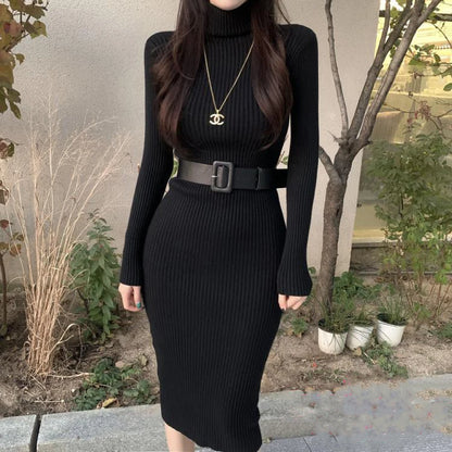Knitted Turtleneck Bodycon Dress - Soft Elastic Midi Party Dress with Belt for Women - ZOOMNSTORE