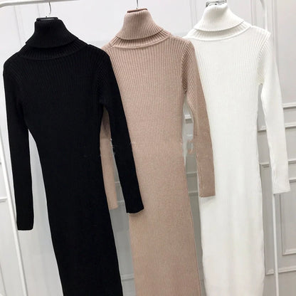 Knitted Turtleneck Bodycon Dress - Soft Elastic Midi Party Dress with Belt for Women - ZOOMNSTORE
