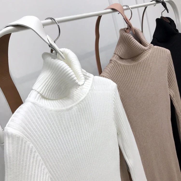 Knitted Turtleneck Bodycon Dress - Soft Elastic Midi Party Dress with Belt for Women - ZOOMNSTORE