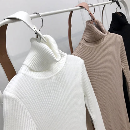 Knitted Turtleneck Bodycon Dress - Soft Elastic Midi Party Dress with Belt for Women - ZOOMNSTORE
