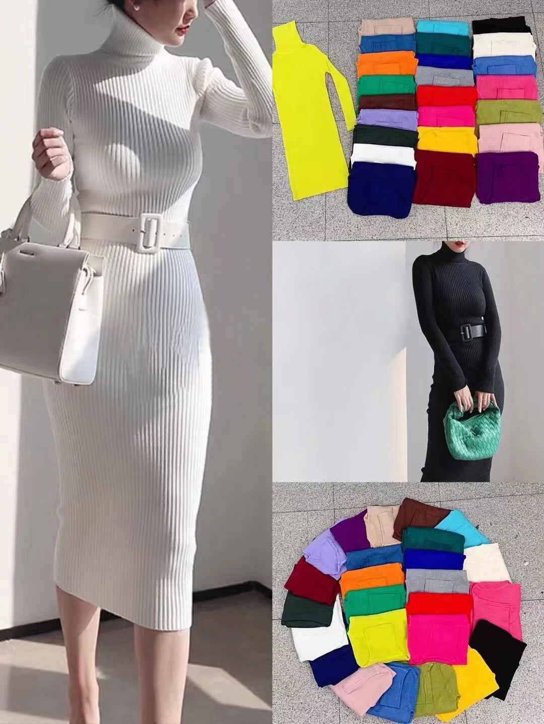 Knitted Turtleneck Bodycon Dress - Soft Elastic Midi Party Dress with Belt for Women - ZOOMNSTORE