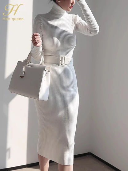 Knitted Turtleneck Bodycon Dress - Soft Elastic Midi Party Dress with Belt for Women - ZOOMNSTORE