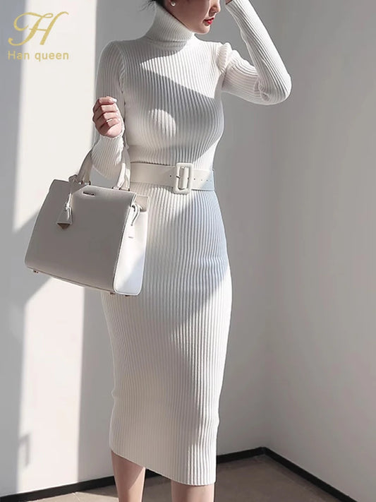 Knitted Turtleneck Bodycon Dress - Soft Elastic Midi Party Dress with Belt for Women - ZOOMNSTORE