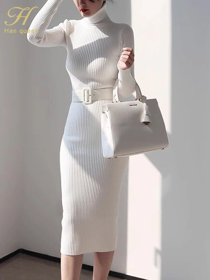 Knitted Turtleneck Bodycon Dress - Soft Elastic Midi Party Dress with Belt for Women - ZOOMNSTORE