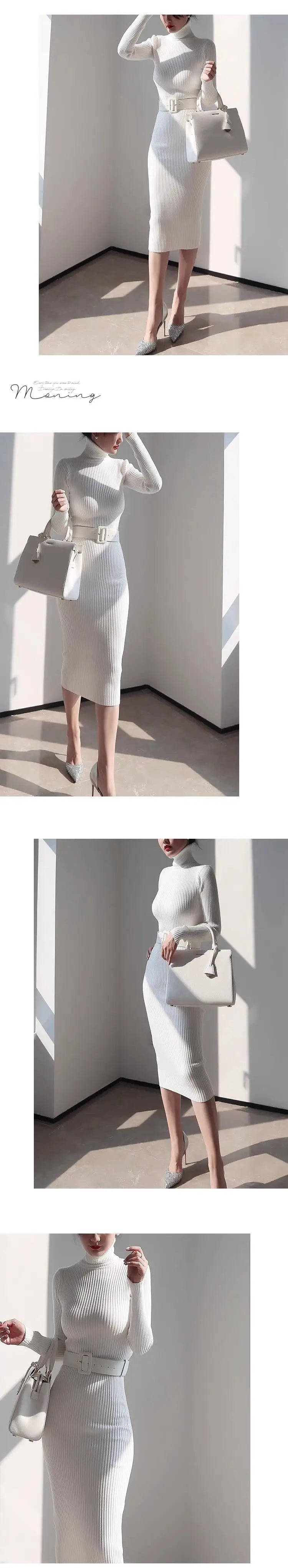 Knitted Turtleneck Bodycon Dress - Soft Elastic Midi Party Dress with Belt for Women - ZOOMNSTORE