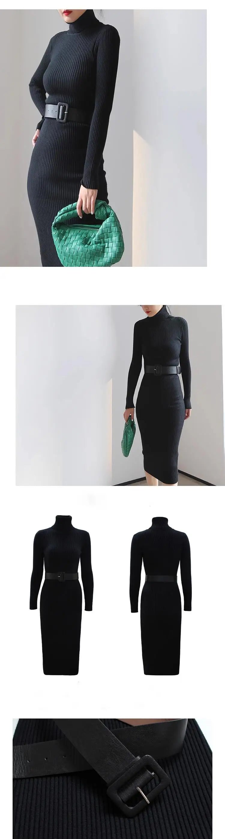 Knitted Turtleneck Bodycon Dress - Soft Elastic Midi Party Dress with Belt for Women - ZOOMNSTORE