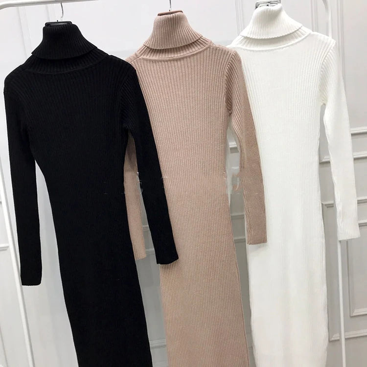 Knitted Turtleneck Bodycon Dress - Soft Elastic Midi Party Dress with Belt for Women - ZOOMNSTORE