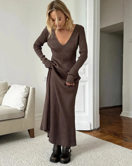 Elegant Womens Winter Knitted Midi Dress - V Neck A-line Long Sleeve Casual Vintage Brown - ZOOMNSTORE