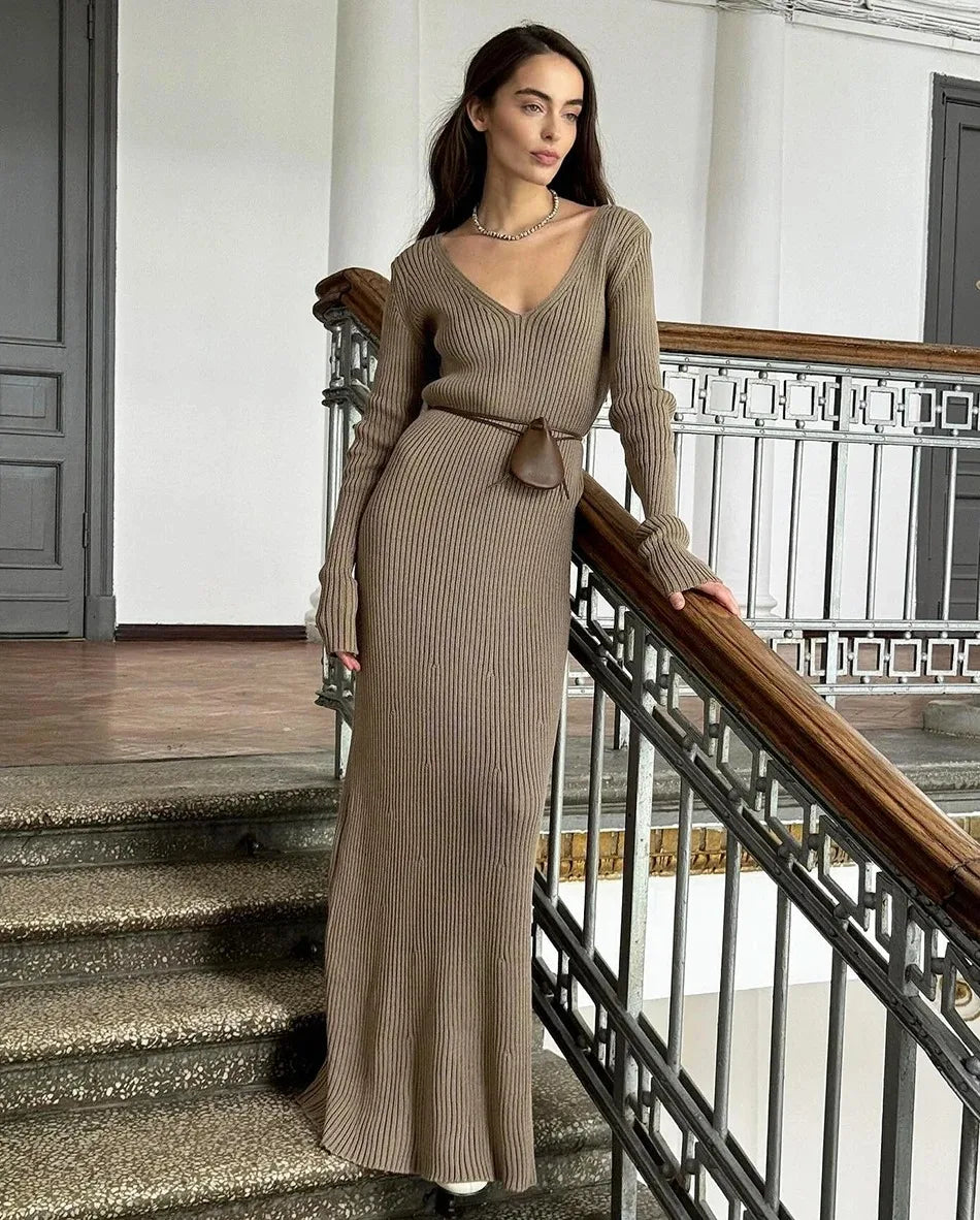Elegant Womens Winter Knitted Midi Dress - V Neck A-line Long Sleeve Casual Vintage Brown - ZOOMNSTORE