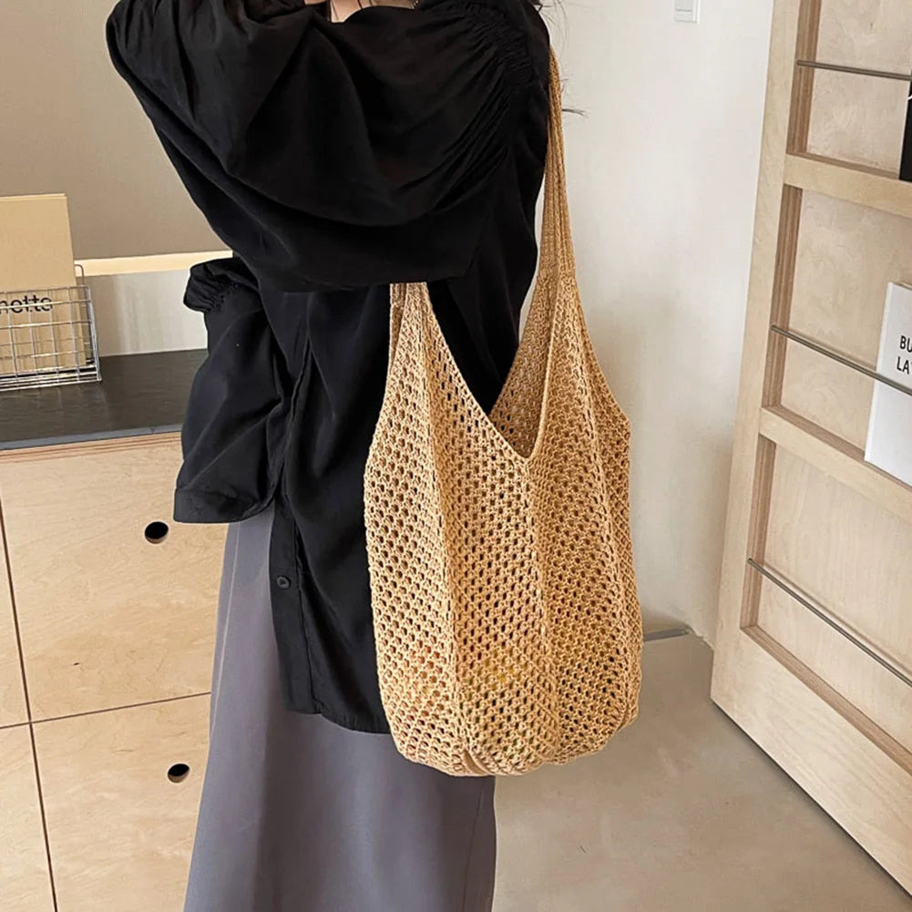 Large Capacity Knitting Shoulder Bag - Solid Crochet Tote  Hobo Beach Bag - ZOOMNSTORE