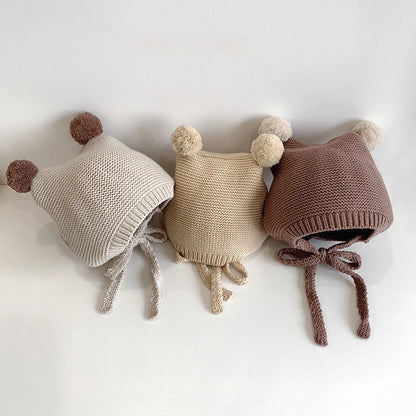 Korean Baby Ear Protection Hat Winter Warm Toddler Knitted Hat 2-24 Months Infant Woolen Crochet Bonnet Double Ball Kids Beanie - ZOOMNSTORE