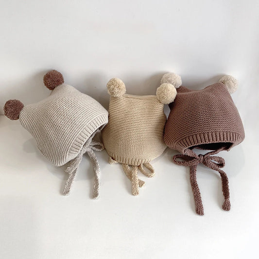 Korean Baby Ear Protection Hat Winter Warm Toddler Knitted Hat 2-24 Months Infant Woolen Crochet Bonnet Double Ball Kids Beanie - ZOOMNSTORE