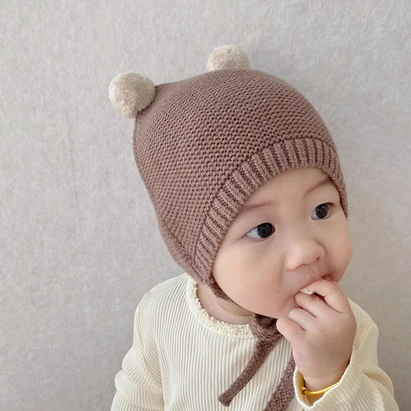 Korean Baby Ear Protection Hat Winter Warm Toddler Knitted Hat 2-24 Months Infant Woolen Crochet Bonnet Double Ball Kids Beanie - ZOOMNSTORE