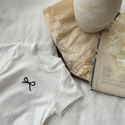 Korean Bowknot T-Shirt for Kids - Casual Cotton Short Sleeve Top 0-12 Years - ZOOMNSTORE